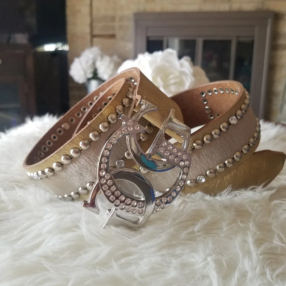 Guess Genuine Leather Gold & Silver Metallic Studded belt with Silver Buckle NEW